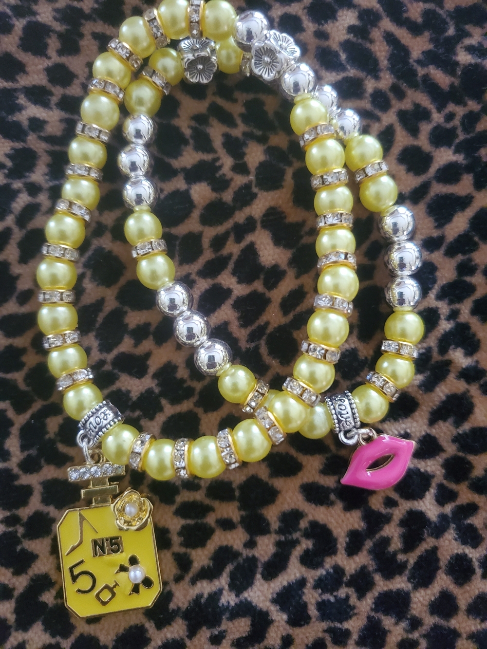 Yellow Beaded Stretch Bracelet Set with Pink Lip & Perfume Charms
